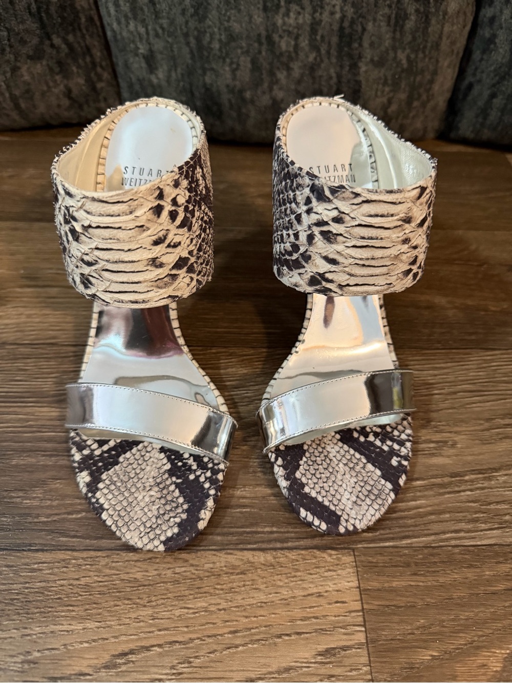 Stuart Weitzman Silver Metallic & Snakeskin Block Heel Sandals